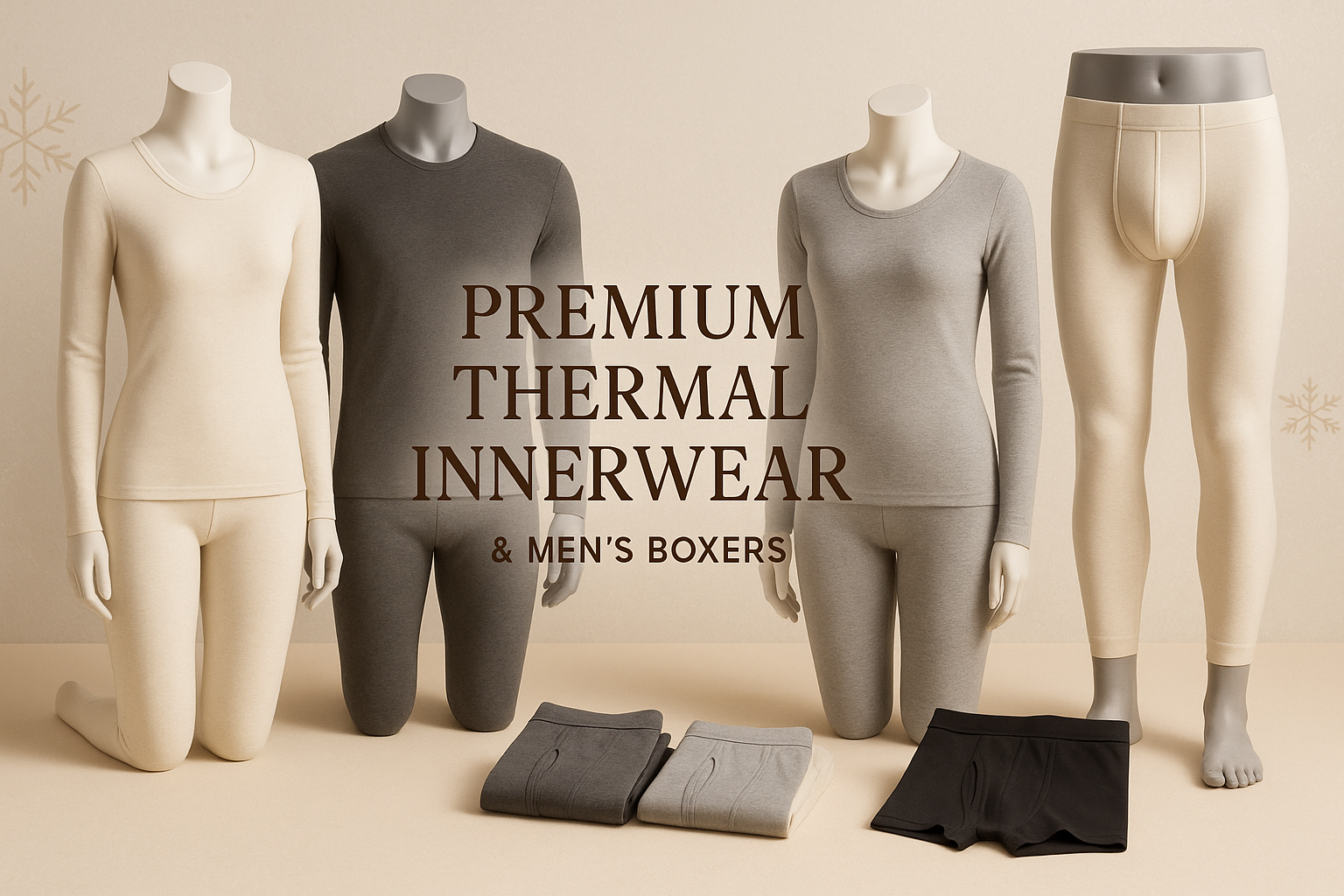 Create a modern e-commerce website banner showcasing men’s and women’s winter thermal inner wear and men’s boxers. Use a cozy winter theme with soft lighting, neutral colors, and minimal snowy or frosty accents. Present the products on clean mannequins or folded neatly with a premium, warm, and stylish look. The banner should feel bold, professional, and inviting for online shoppers.
